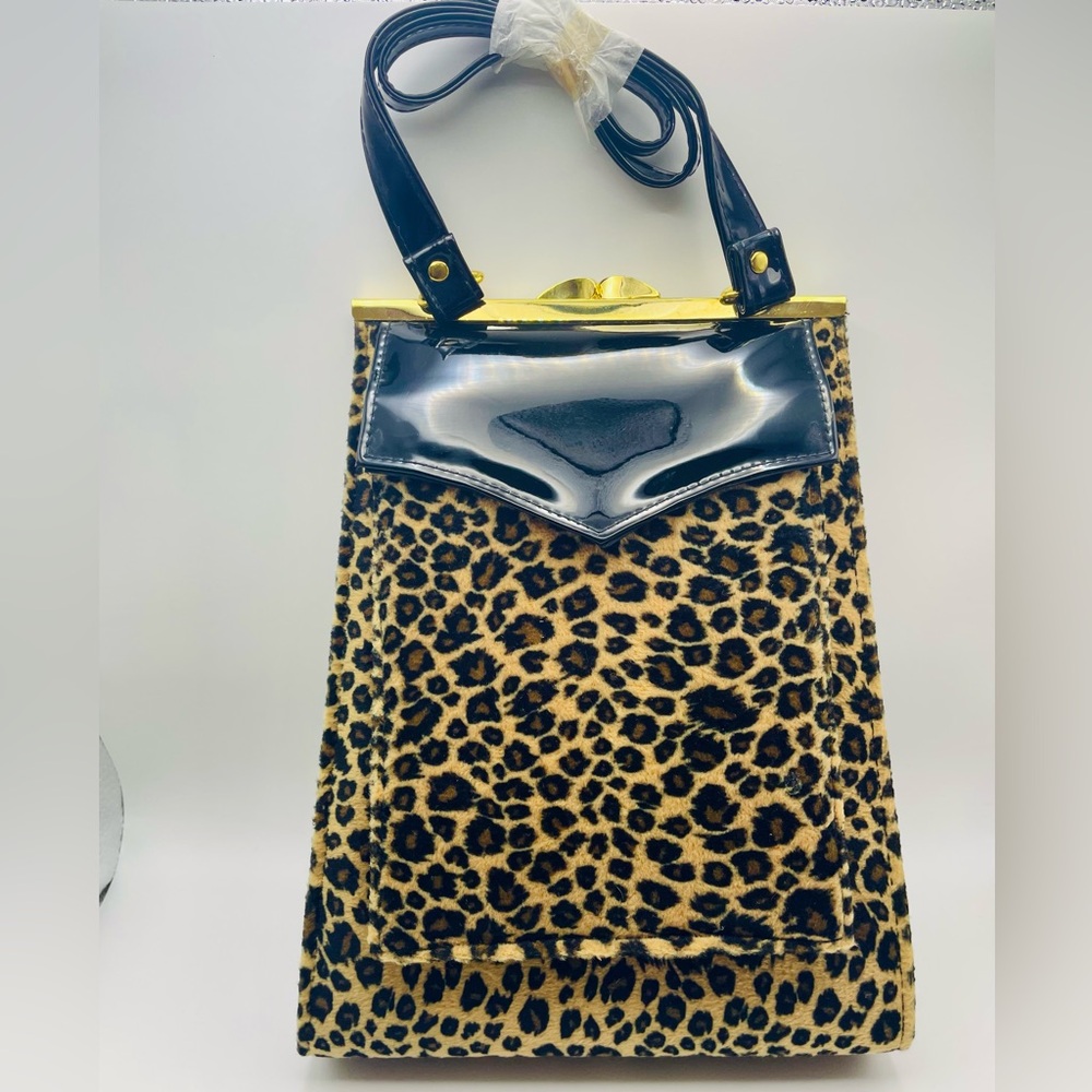 Vintage Leopard Animal Print Faux Fur Bag with Black Patent Faux Leather Flap